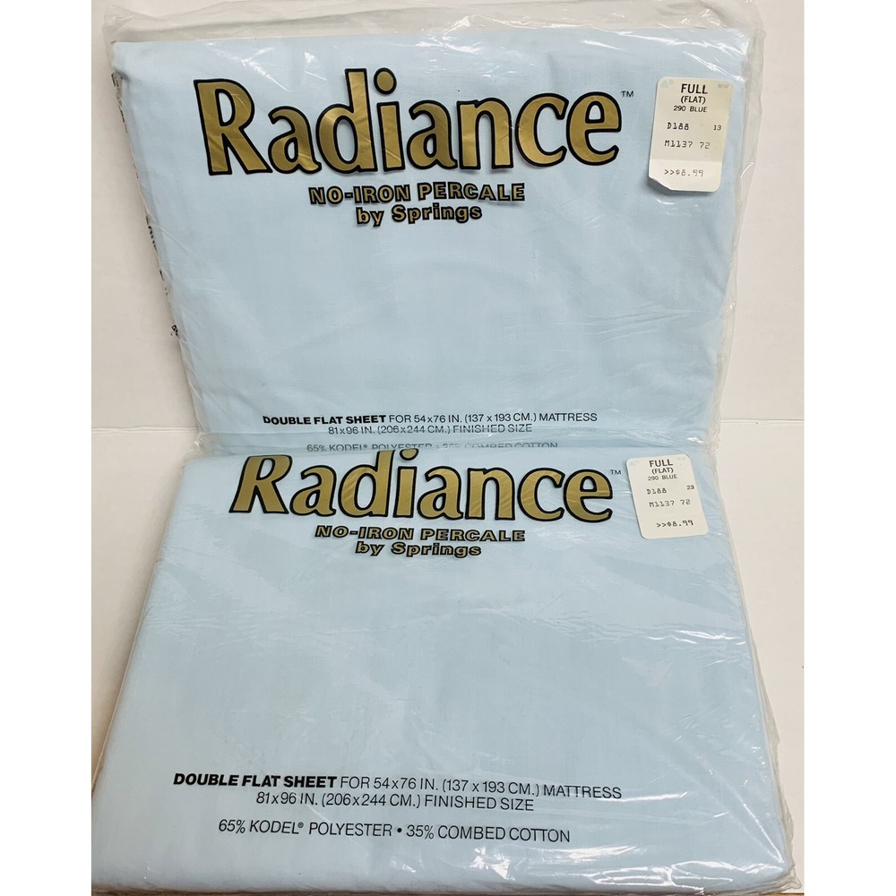 Vintage Radiance by Springs No Iron Percale 2 Full Flat Sheets Soft Blue NOS NEW